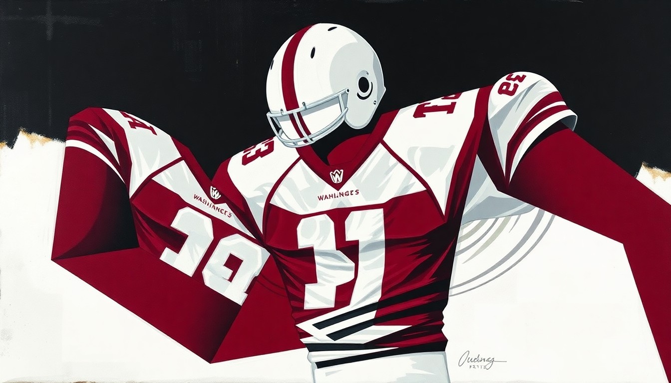 A fragmented, abstract painting depicting the new Washington Commanders uniforms in a cubist style, with sharp, overlapping planes of burgundy, white, and black colors.