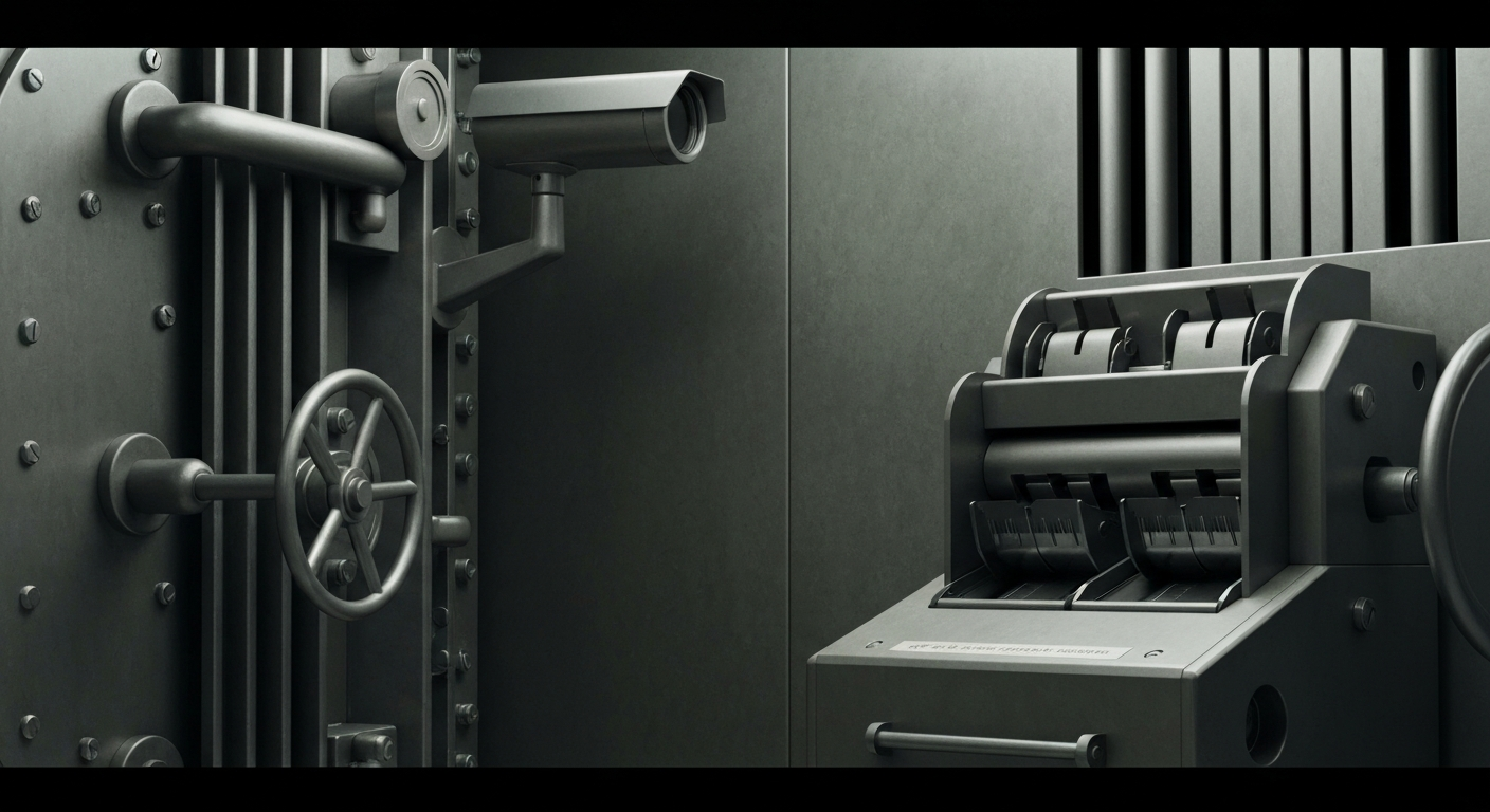 An extreme close-up of heavy, industrial banking equipment like vault doors, security cameras, and cash counting machines, representing the institutional power and security of the financial industry.