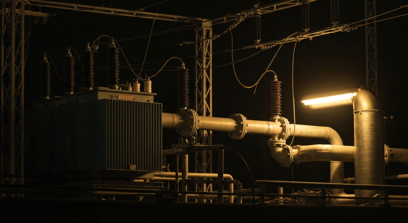 An extreme close-up of heavy, industrial utility equipment and machinery, such as power lines and transformers, dramatically lit against a dark background, representing the tangible assets and physical infrastructure of the utility industry.