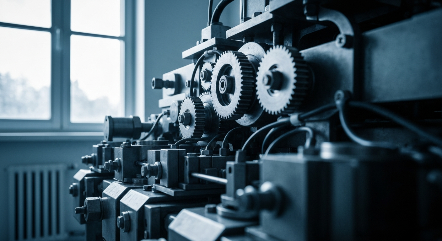 An extreme close-up photograph of heavy, industrial banking equipment and machinery, conveying a sense of the tangible, physical systems that underpin the financial sector.