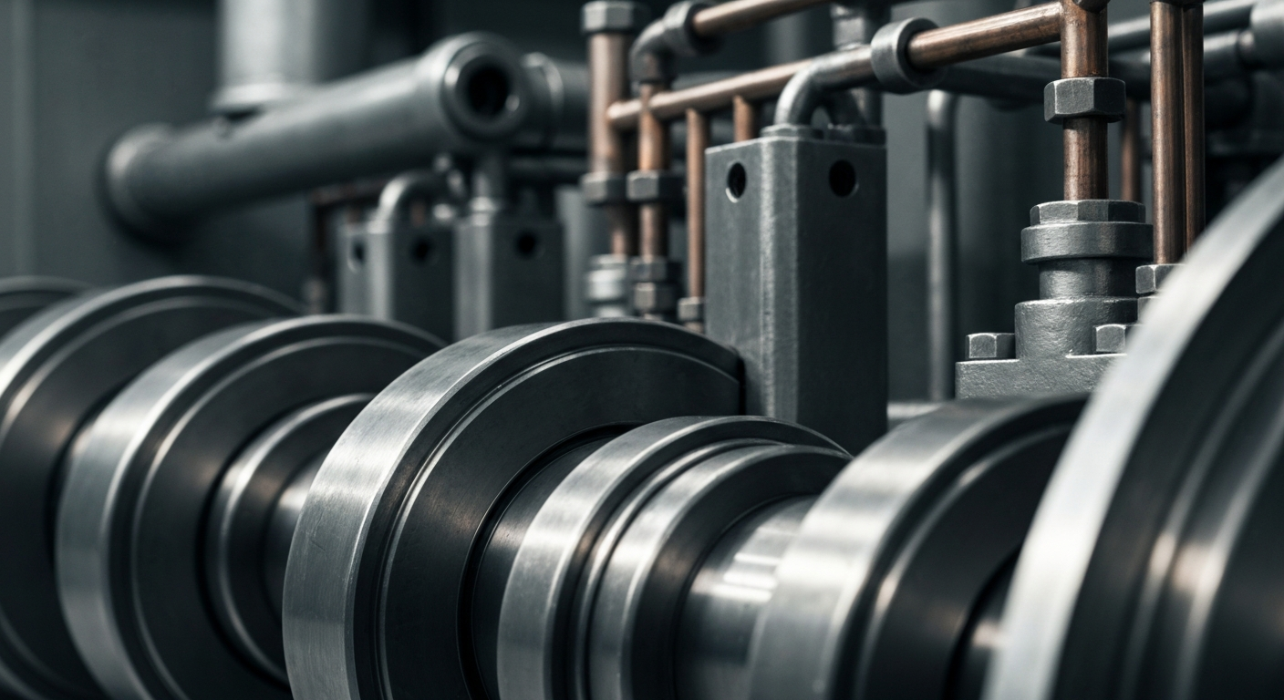 An extreme close-up photograph of intricate industrial gears, pipes, and valves in muted metallic tones, conveying the complex financial infrastructure and mechanics of the materials sector.