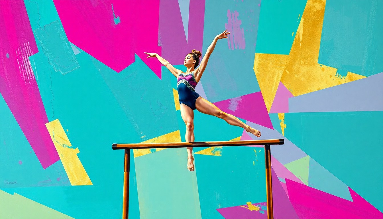 A cubist, geometric painting depicting a gymnast performing on the uneven bars, with the figure broken down into sharp, overlapping planes of vibrant teal, magenta, and gold colors.
