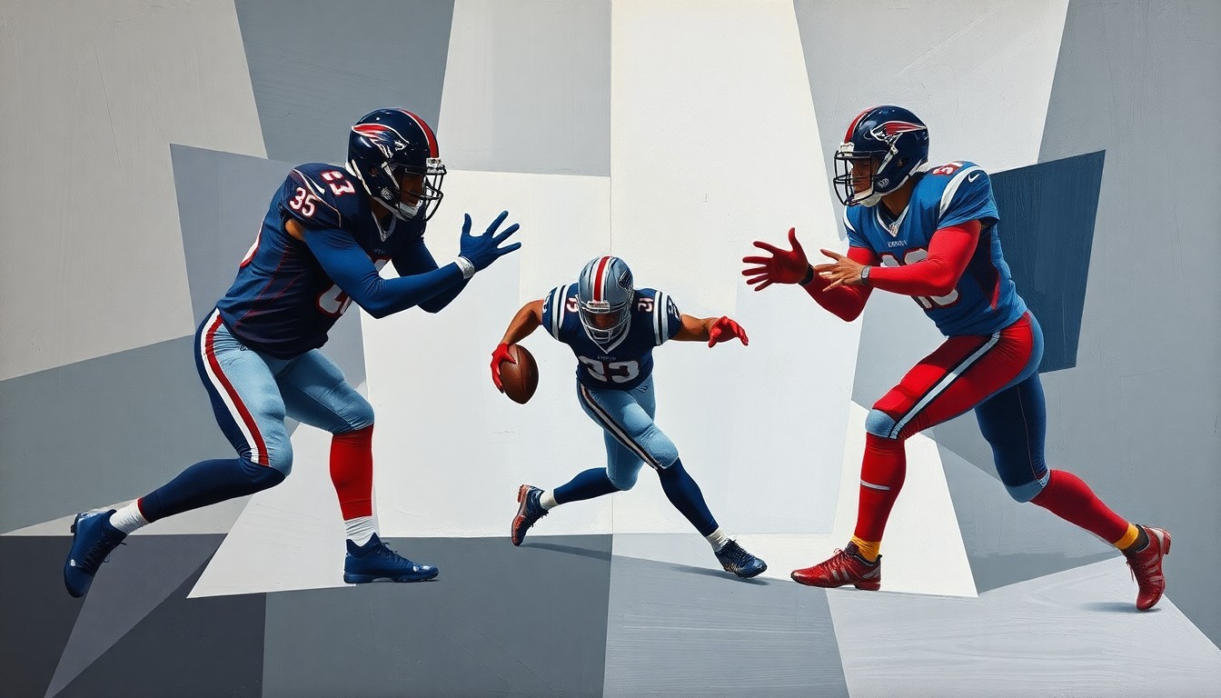 A fragmented, geometric painting depicting the dynamic movements of a cornerback, with sharp planes of steel grey, navy blue, and crimson red conveying the raw athleticism and technical skill of the defensive position.