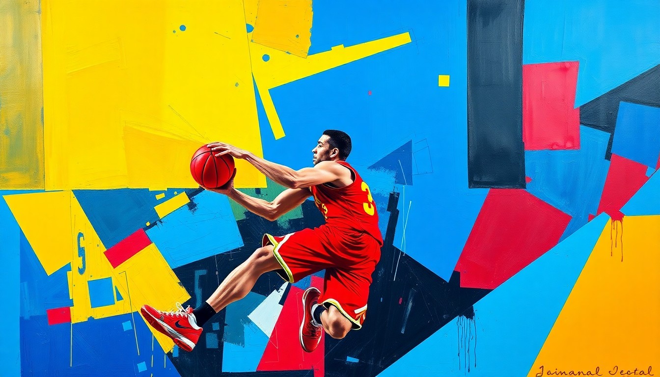 A fragmented, cubist-style painting depicting the dynamic movements of a basketball player, with sharp geometric shapes and planes in bold, vibrant colors conceptually representing the challenges of transitioning between different levels of college basketball.