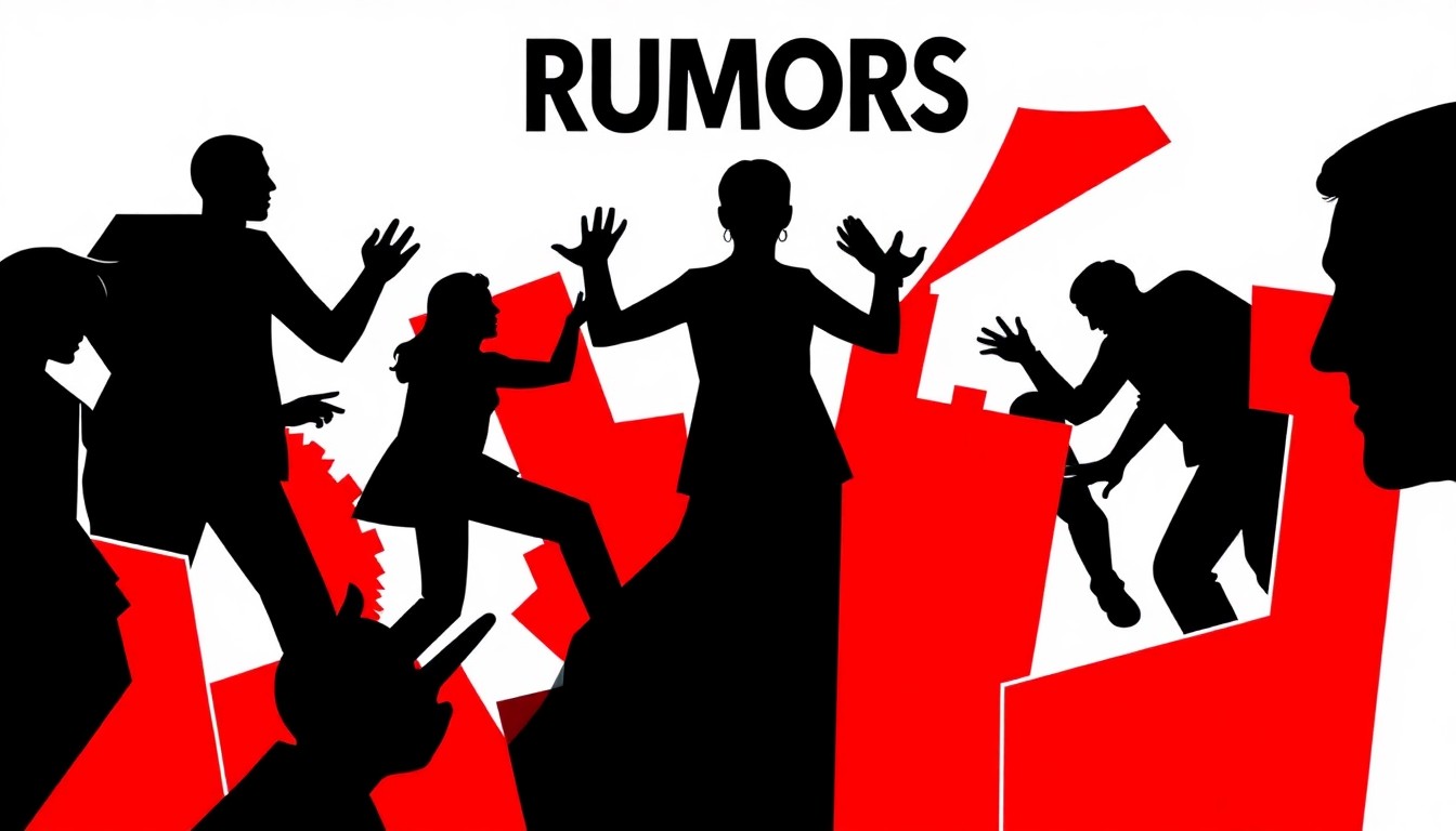 A bold, abstract illustration in the style of Saul Bass, featuring stark black silhouettes of people in various poses against a high-contrast red and white background, conceptually representing the chaotic, farcical nature of the 'Rumors' play.