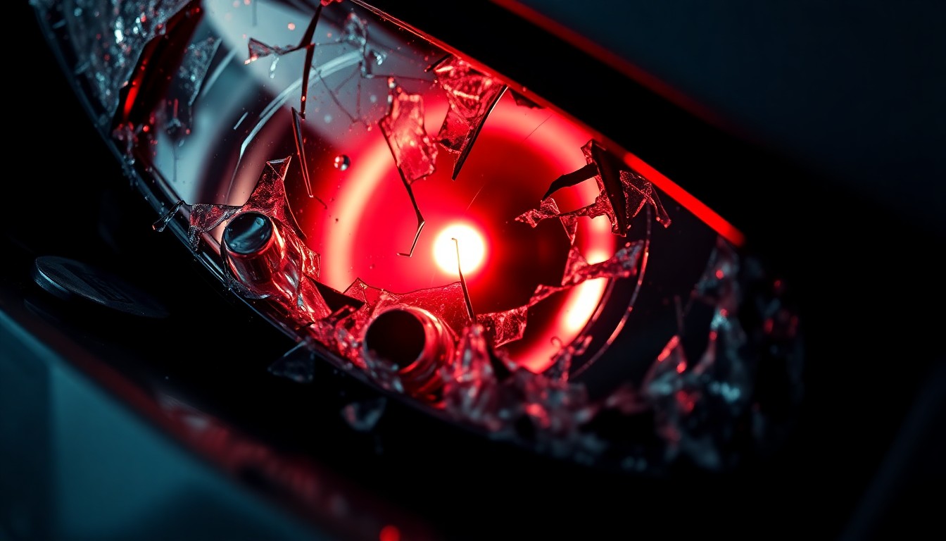 An extreme close-up of a shattered car sensor lens reflecting a faint red light, conceptually illustrating the aftermath of a high-speed collision.