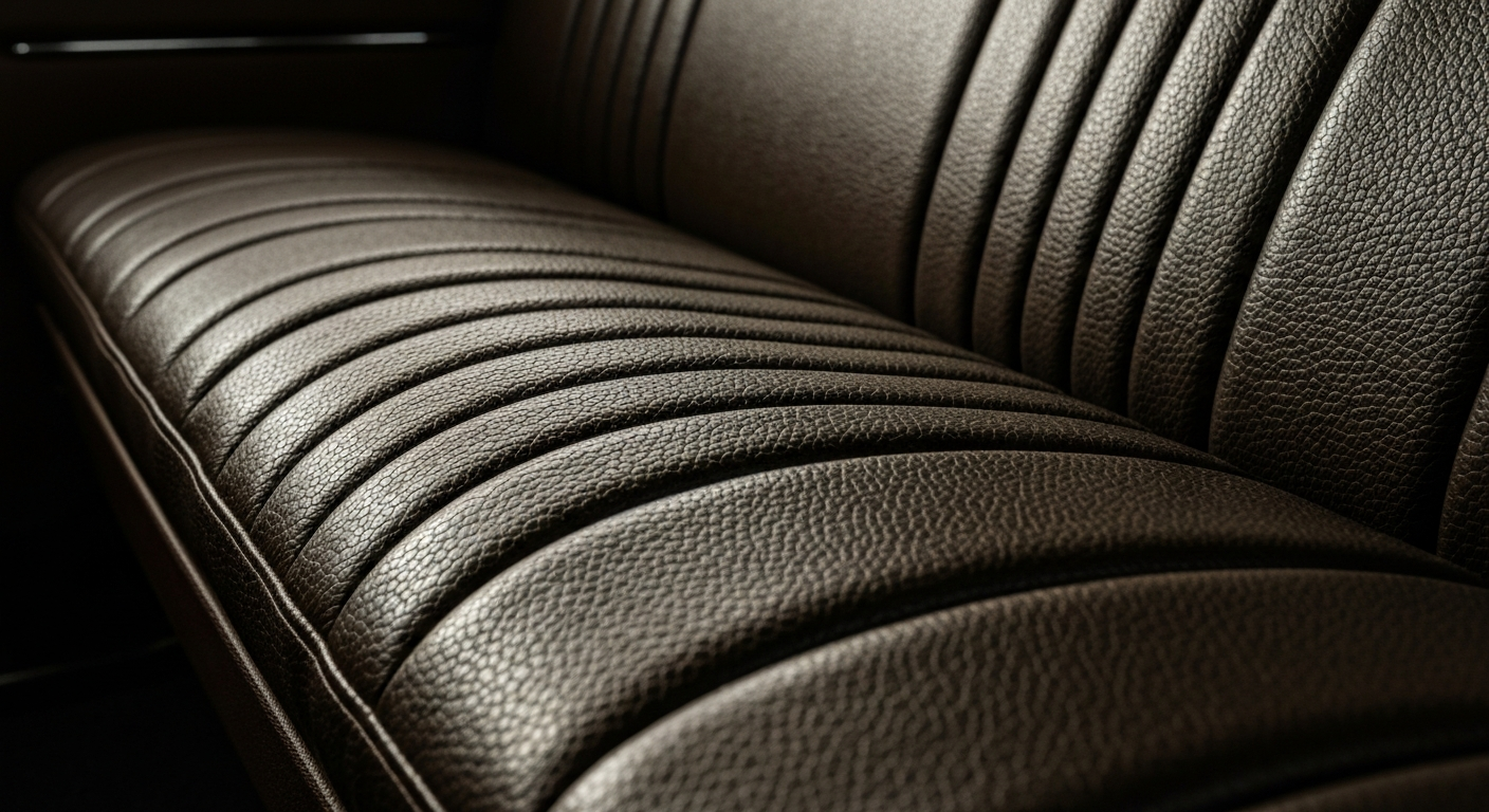 An extreme close-up photograph of the textured leather upholstery of a vintage truck seat, highlighting the rich materiality and craftsmanship of classic automotive design.