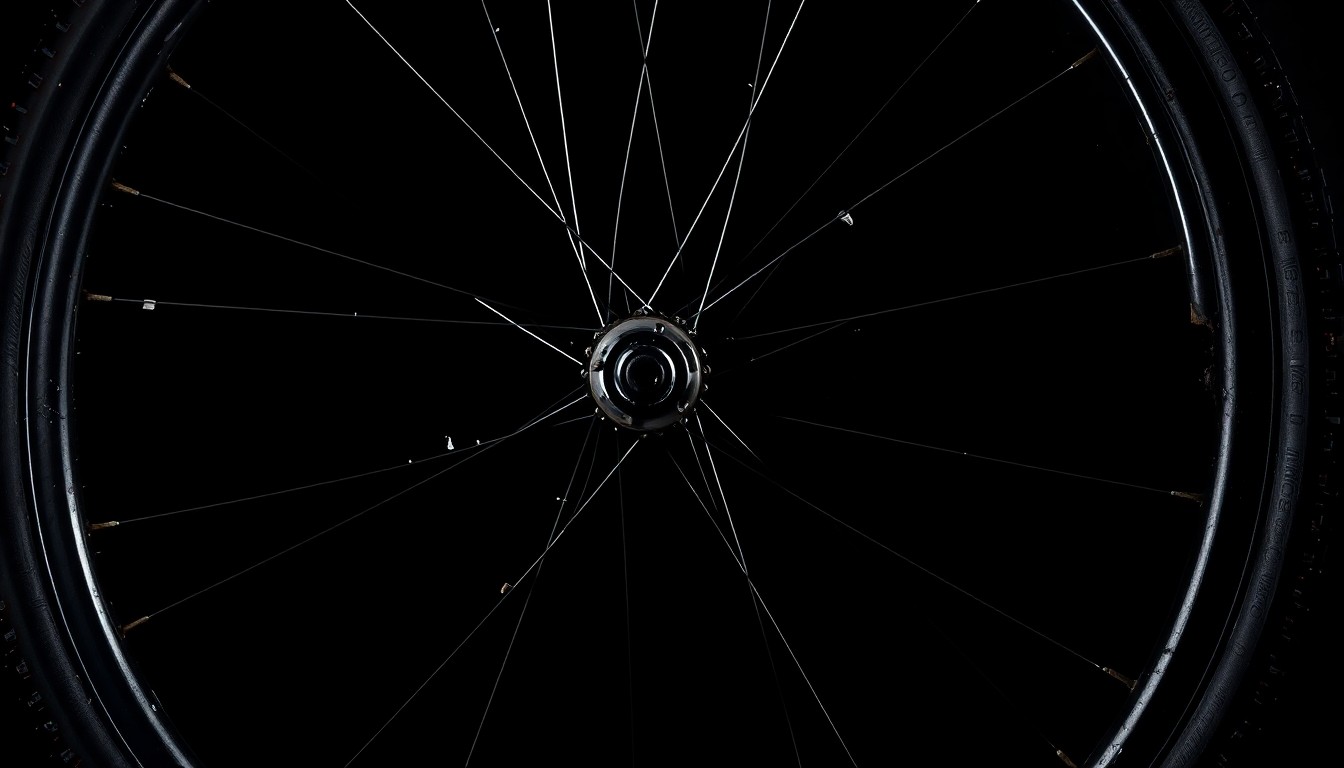 An extreme close-up photograph of a damaged bicycle wheel rim against a pitch-black background, conveying the gritty, investigative nature of this hit-and-run incident.