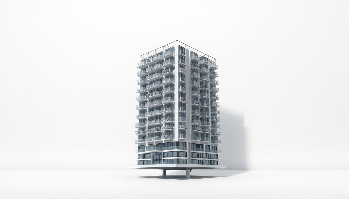 A highly detailed, photorealistic studio still life of a sleek, modern architectural model of a 99-unit apartment building, made from polished metal and glass, floating on a clean, monochromatic background and dramatically lit to represent the abstract concepts of urban development and real estate.