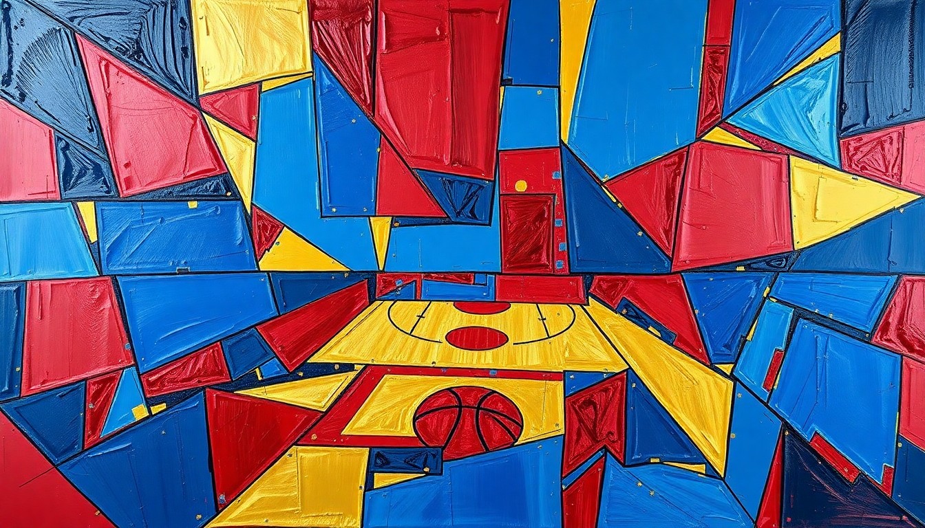 A cubist-style painting featuring fragmented geometric shapes in shades of blue, red, and gold, capturing the dynamic motion and energy of a basketball game or match.