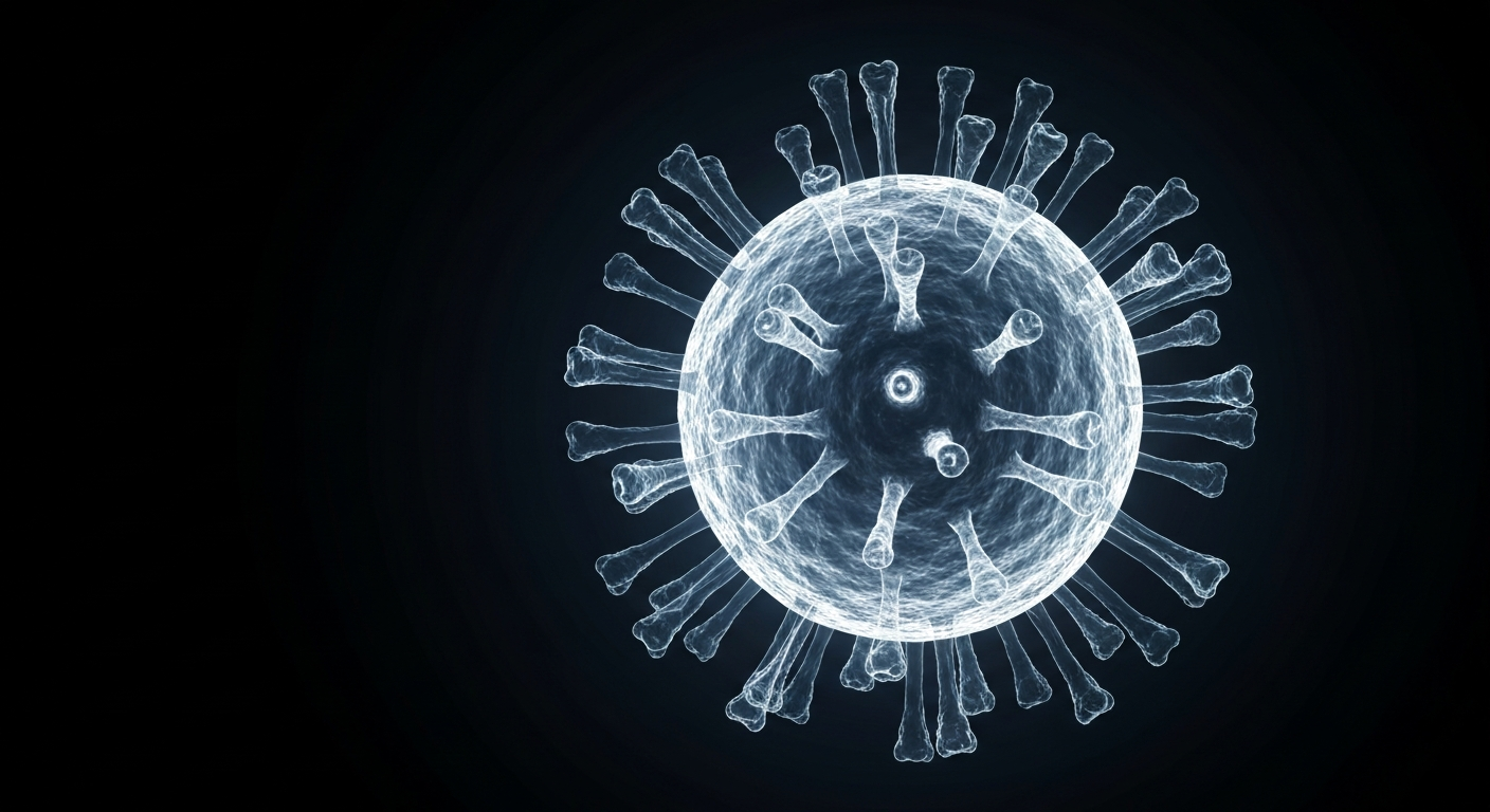 A translucent, ghostly X-ray photograph showing the detailed internal structure of the Epstein-Barr virus, conceptually illustrating the clinical connection between this virus and the increased risk of developing multiple sclerosis.