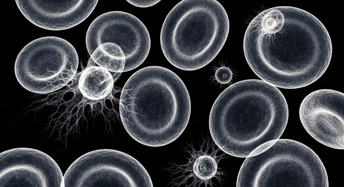 An extreme close-up X-ray image showing the intricate, ghostly structures of red blood cells in various stages of sickle cell disease, conceptually illustrating the medical challenges faced by those living with this chronic condition.
