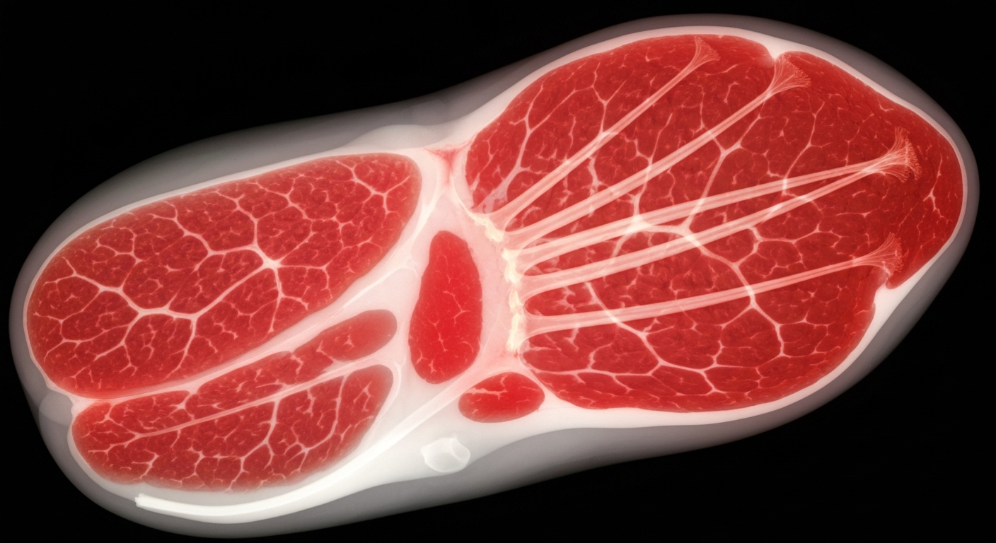 A translucent X-ray photograph showing the intricate internal structure of a piece of red meat, with glowing lines and shapes against a dark background, conveying the complex nature of meat consumption and its potential health impacts.