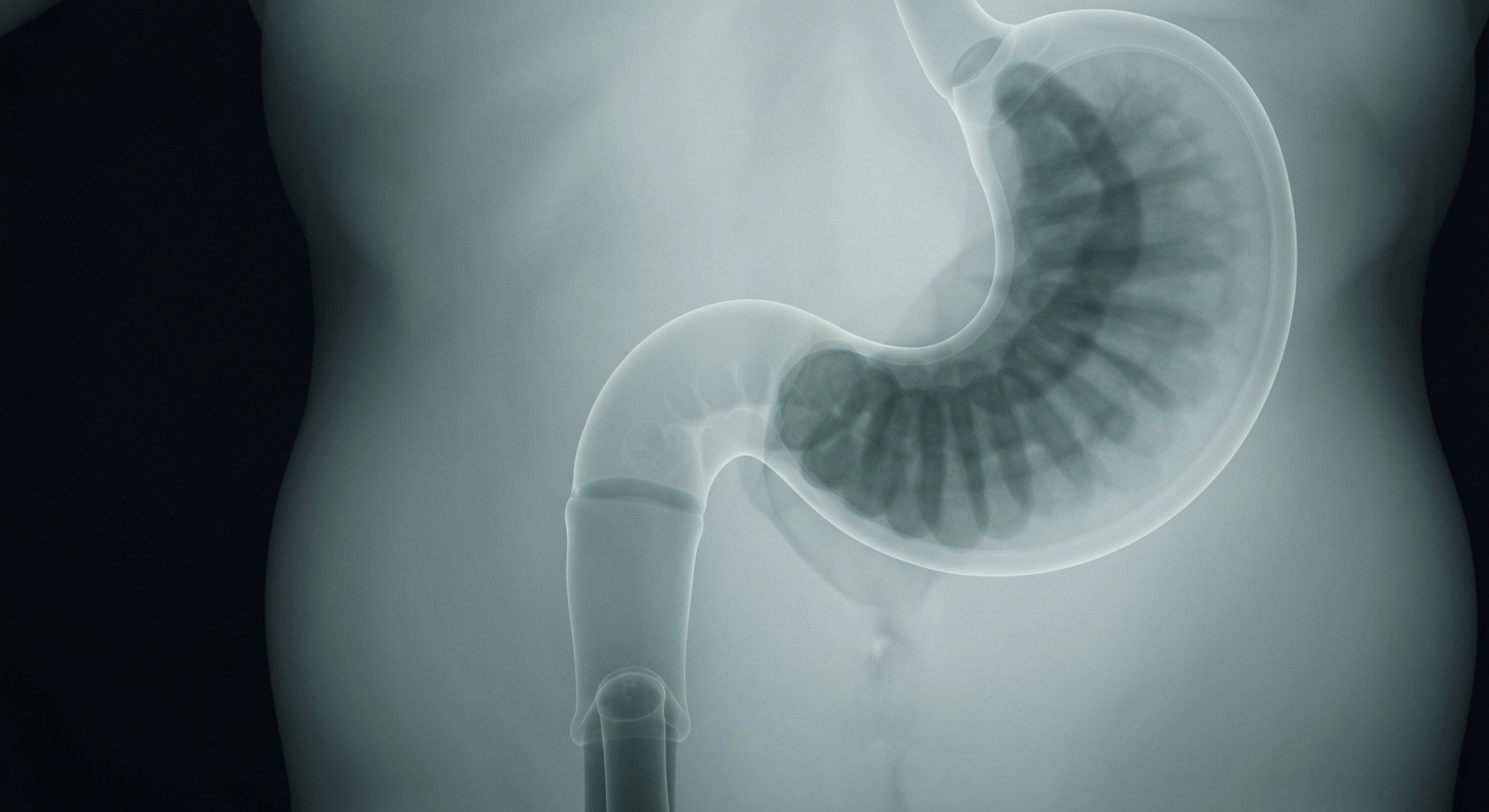 A highly detailed, translucent X-ray photograph revealing the internal structures of the human digestive system, conceptually illustrating the FDA's need for more data on the potential side effects of a new weight loss drug.