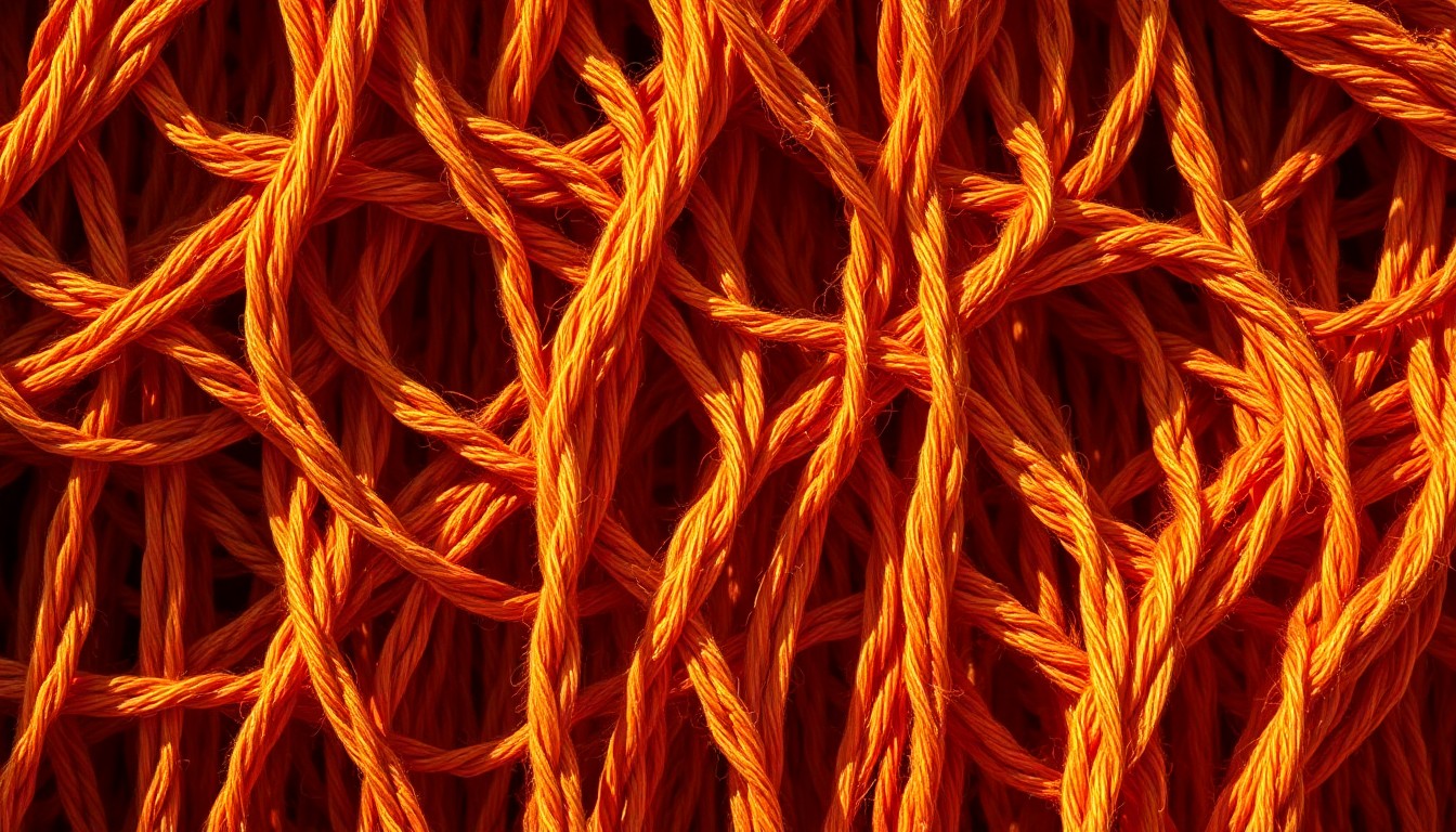 An extreme close-up photograph of thick, textured threads in warm, earthy tones, woven into an abstract canvas with dramatic, high-contrast lighting that creates a glowing, luxurious aesthetic.