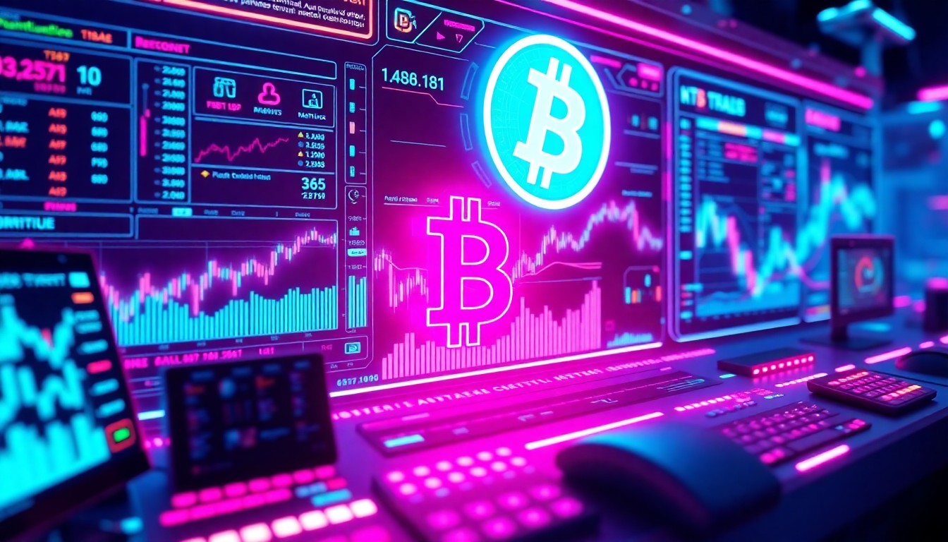 A highly detailed, glowing 3D illustration of a futuristic Bitcoin trading interface, with neon cyan and magenta lights illuminating the various digital elements. The interface features recognizable cryptocurrency trading data, charts, and controls, grounding the abstract concept of automated trading in a tangible, high-tech visual.