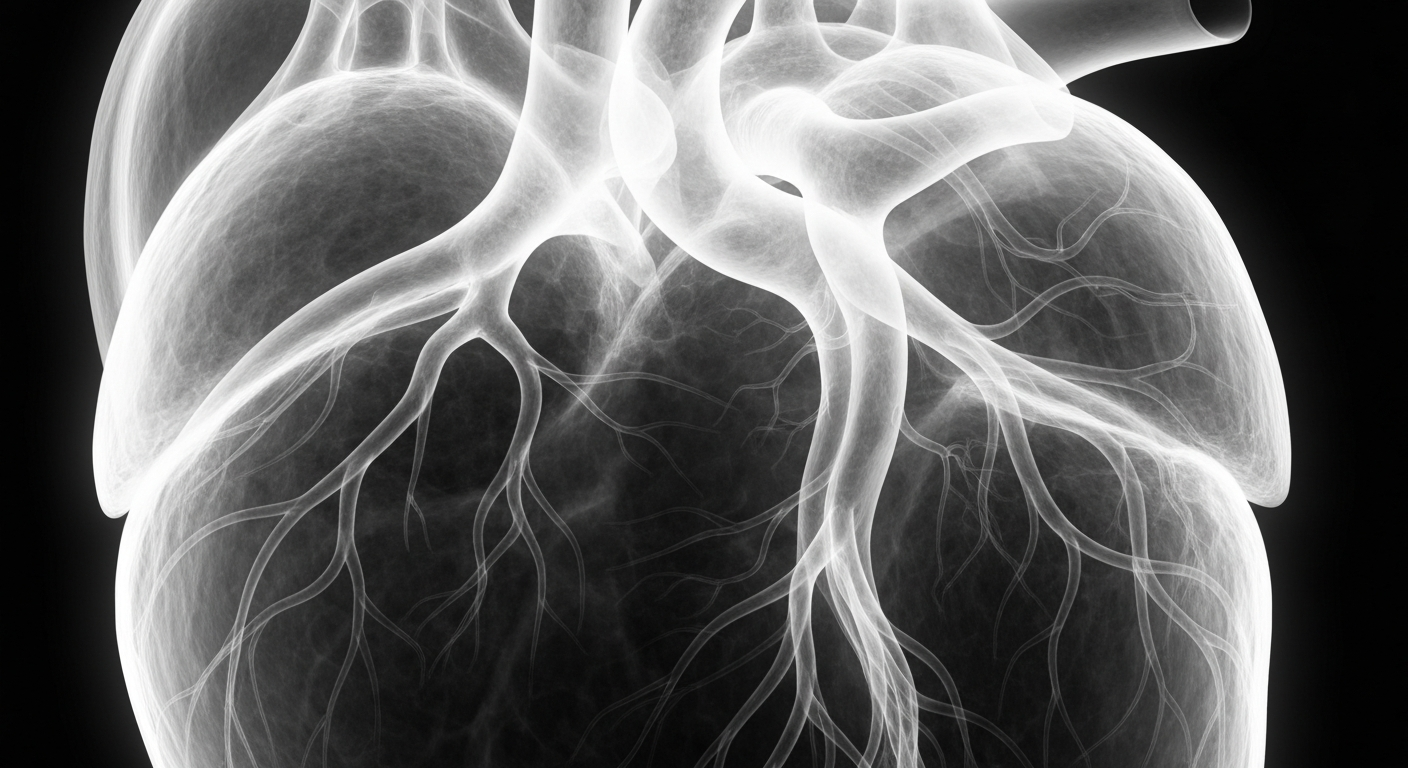 A ghostly, translucent X-ray photograph showing the intricate internal structure of a human heart, with glowing arteries and veins against a dark background, conveying the clinical and anatomical nature of heart health.