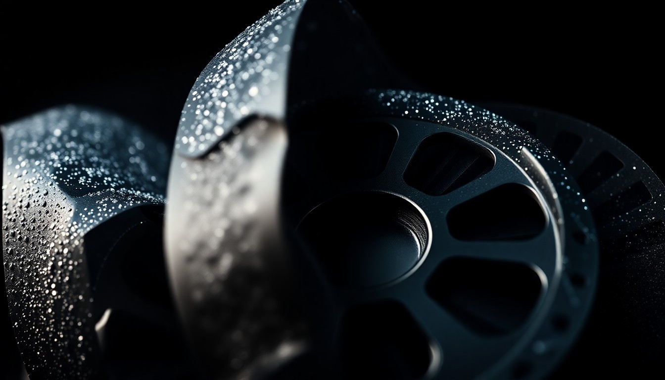 An extreme close-up of a tightly coiled, glittering film reel, capturing the high-contrast textures and dramatic lighting of a glamorous, high-fashion aesthetic.
