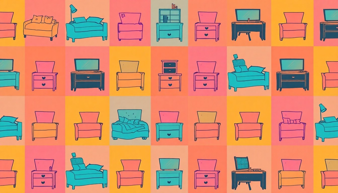 A vibrant, high-contrast silkscreen print of a single, iconic furniture item such as a bed or desk repeated in a tight grid pattern, conceptually representing the furnishings and resources provided to at-risk youth through Marin Charitable's grant program.