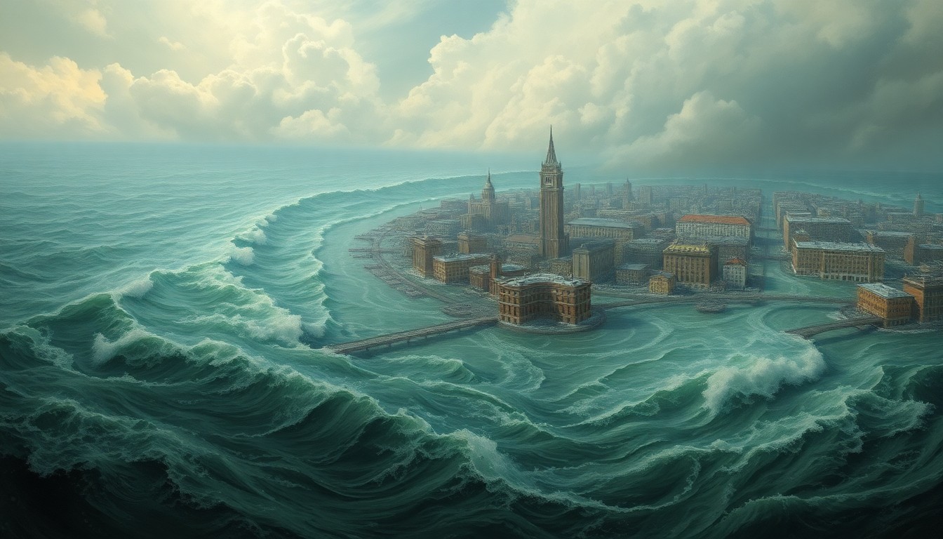 A sweeping, atmospheric landscape painting in muted tones of gray, blue, and green, depicting a partially submerged urban area with buildings and infrastructure partially obscured by the rising floodwaters, conveying a sense of the overwhelming power of nature.