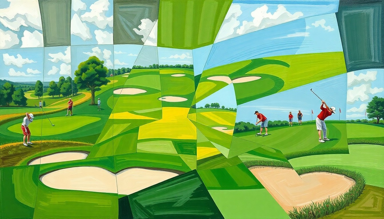 A cubist, geometric painting depicting the fragmented action of a high school golf tournament, with overlapping planes of green fairways, sand traps, and golfers in mid-swing.
