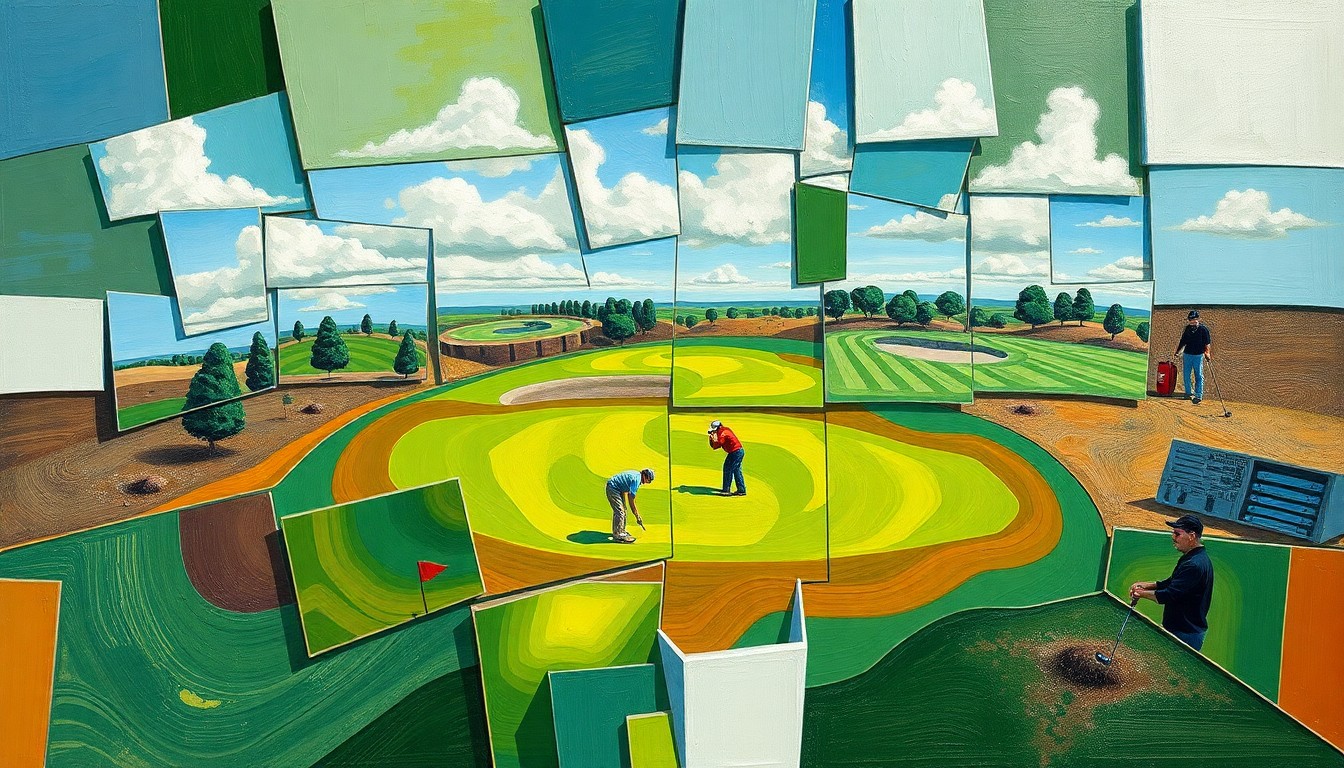 A cubist, geometric painting depicting a fragmented golf course, players, and equipment, conveying the energy and community spirit of the Meeker Chamber's annual golf tournament.