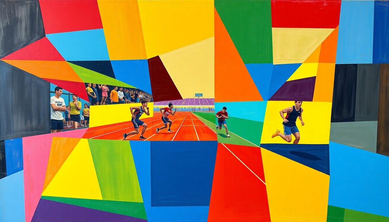 A fragmented, cubist-style painting depicting a high school track and field competition, with sharp, overlapping geometric shapes in bright primary colors representing the dynamic movements and energy of the athletes.