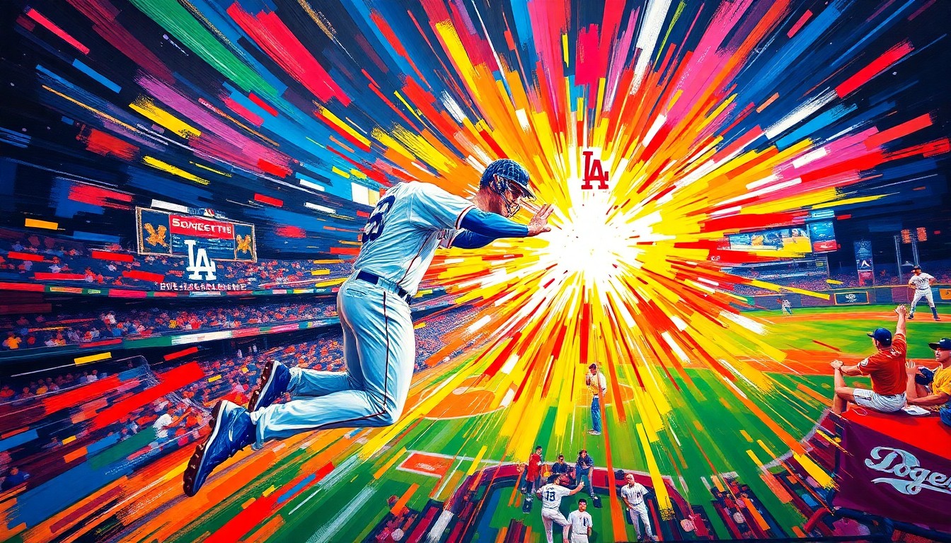 An abstract, energetic painting in neon colors depicting the intense motion and emotion of a baseball pitcher's delivery, with the Dodgers stadium faintly visible in the background, conveying the raw power and personal significance of the moment.