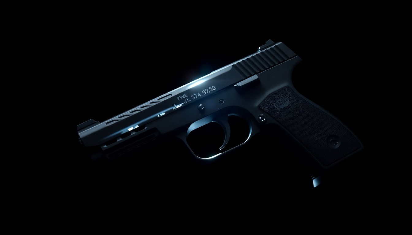 An extreme close-up of a metallic gun component, its intricate details and textures dramatically illuminated by a harsh flash against a dark backdrop, conceptually representing the threat of illegal firearms.