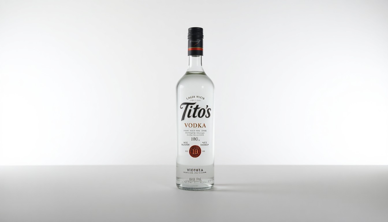 A high-end, photorealistic studio still-life photograph featuring a single bottle of Tito's Vodka placed elegantly on a clean, monochromatic background. The bottle is made from polished glass and reflects the dramatic studio lighting, symbolizing the premium quality and market dominance of the brand.