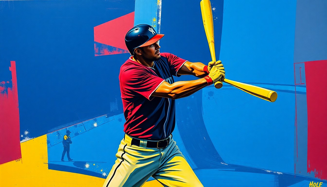 A cubist, geometric painting depicting a baseball player's batting motion broken down into sharp, overlapping planes of navy, crimson, and gold, conveying the dynamic energy and potential of the Tigers' young star.