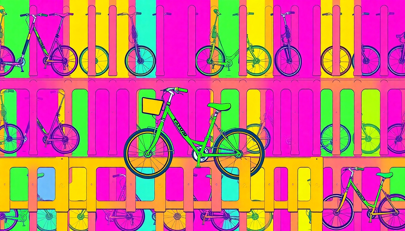 A high-contrast silkscreen print in neon colors depicting a repeated pattern of a campus scooter or bicycle, conceptually representing the disruptions caused by the steam tunnel construction project.
