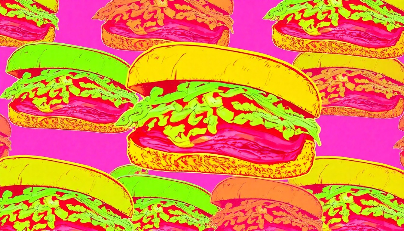 A brightly colored, high-contrast silkscreen print of a vegan Reuben sandwich with soy curls, sauerkraut, and rye bread, repeated in a tight grid pattern, conceptually representing the innovative and craveable vegan comfort food offerings at DC Vegetarian.