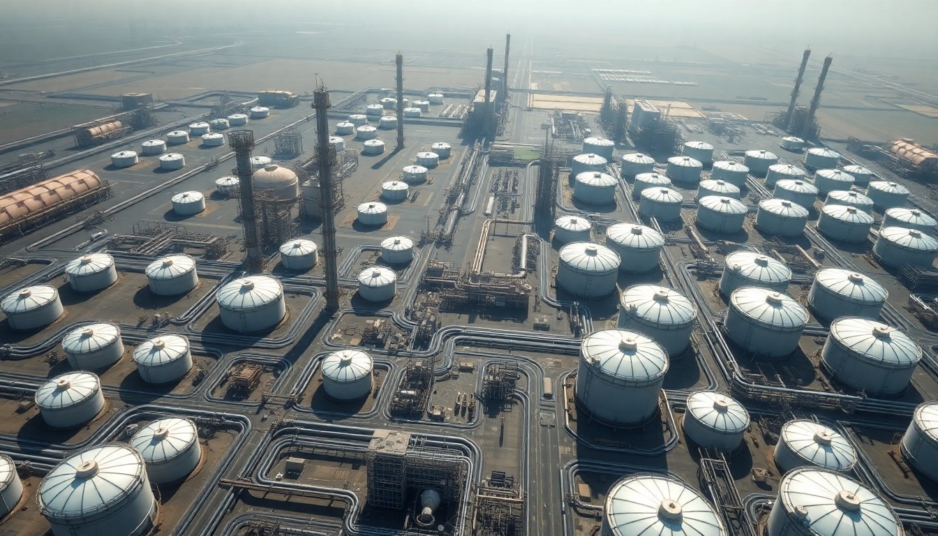 An extremely detailed aerial photograph of a sprawling oil refinery complex, with rows of massive storage tanks and a web of interconnected pipelines, conveying the massive scale and complexity of the energy infrastructure impacted by the Middle East war.