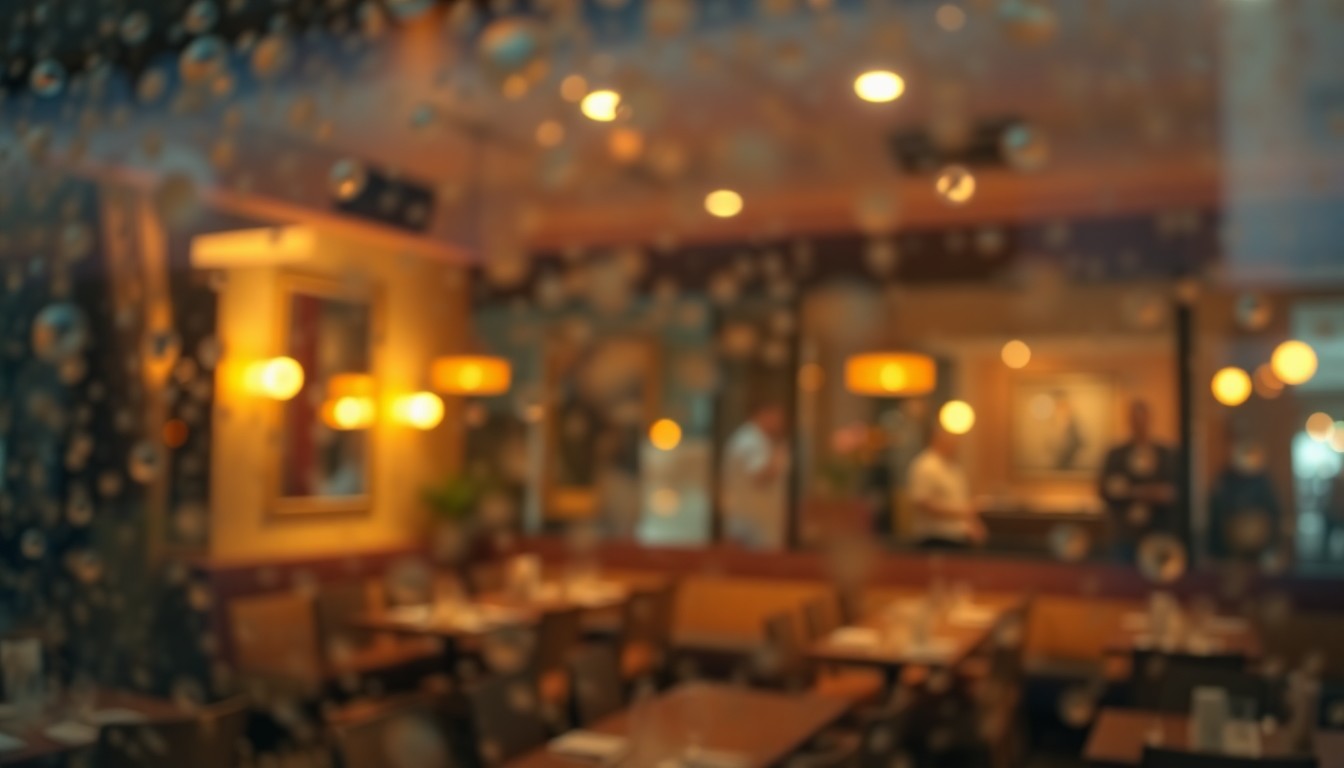 An abstract, impressionistic scene of a dimly lit restaurant interior, with soft, blurred shapes and pools of warm, golden light, conveying a sense of cozy ambiance and fine dining.