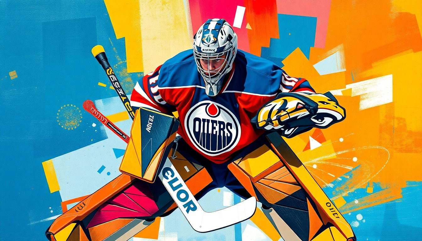 A fractured, multi-angled painting depicting the intense action of a hockey goaltender, with sharp geometric shapes and planes in the colors of the Edmonton Oilers and Nashville Predators, conveying the high-stakes nature of the Oilers' search for a reliable netminder.