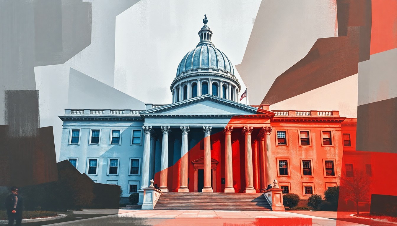 A dynamic, abstract painting of a government building facade in shades of gray, blue, and red, with the image repeated and overlapping in geometric waves to convey a sense of instability and change.