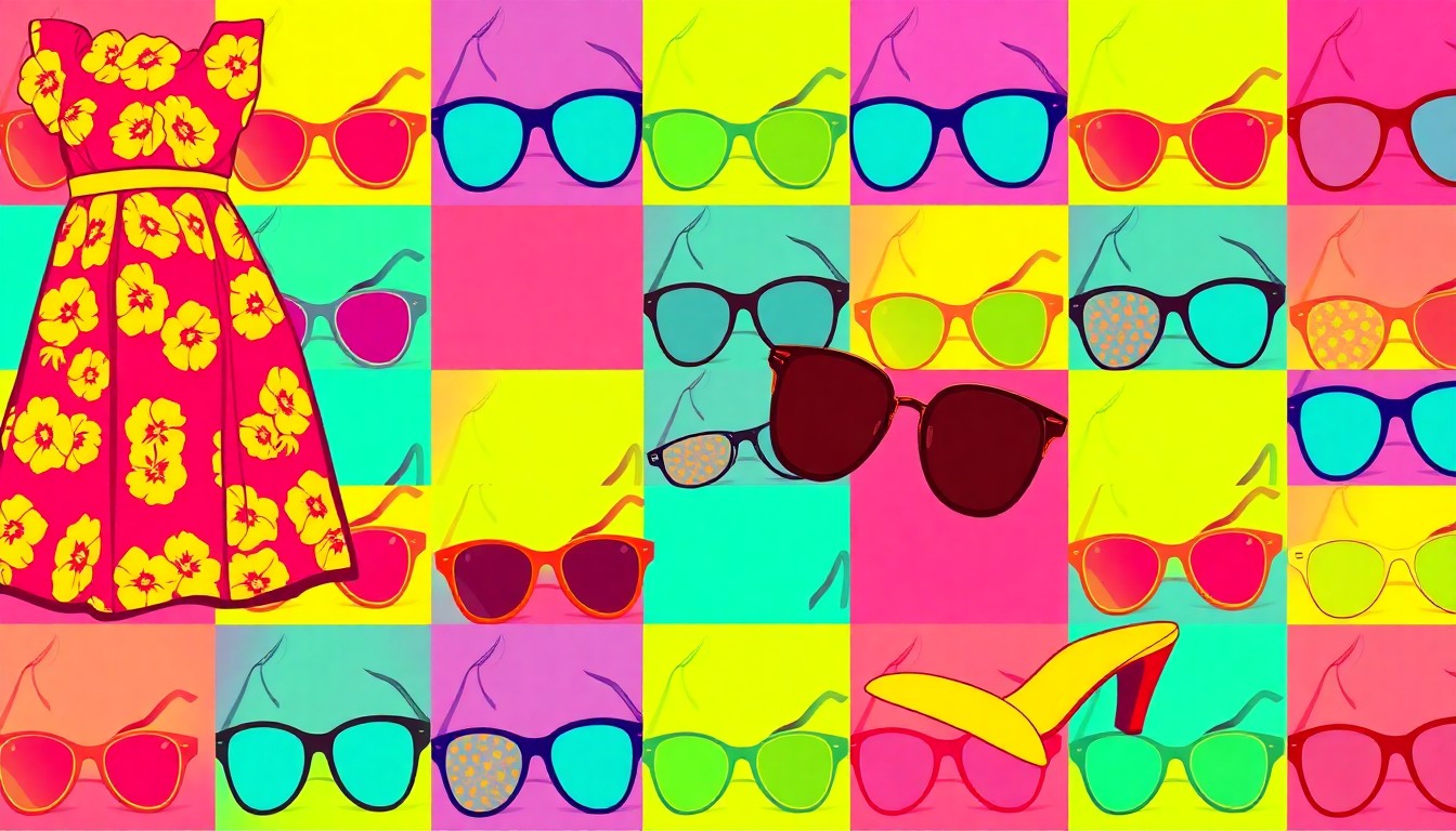 A high-contrast silkscreen print featuring multiple repeated images of a brightly colored spring fashion item like a floral dress or sandal, rendered in a bold, pop art style with flat neon colors and heavy black outlines.