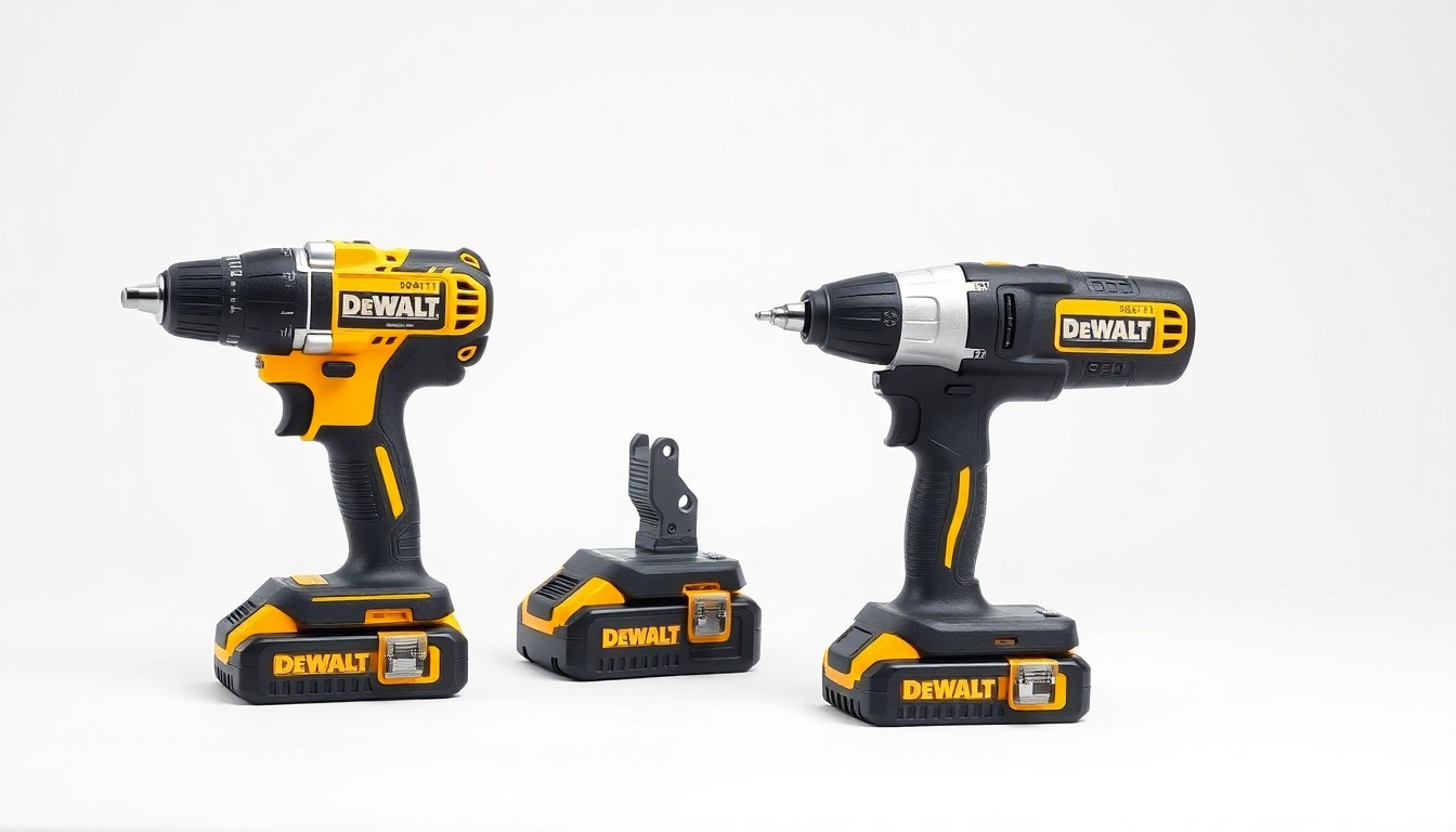 An extreme close-up of a DeWalt cordless drill and impact driver set against a plain white background, highlighting the clean, minimalist industrial design with smooth surfaces and subtle metallic accents.