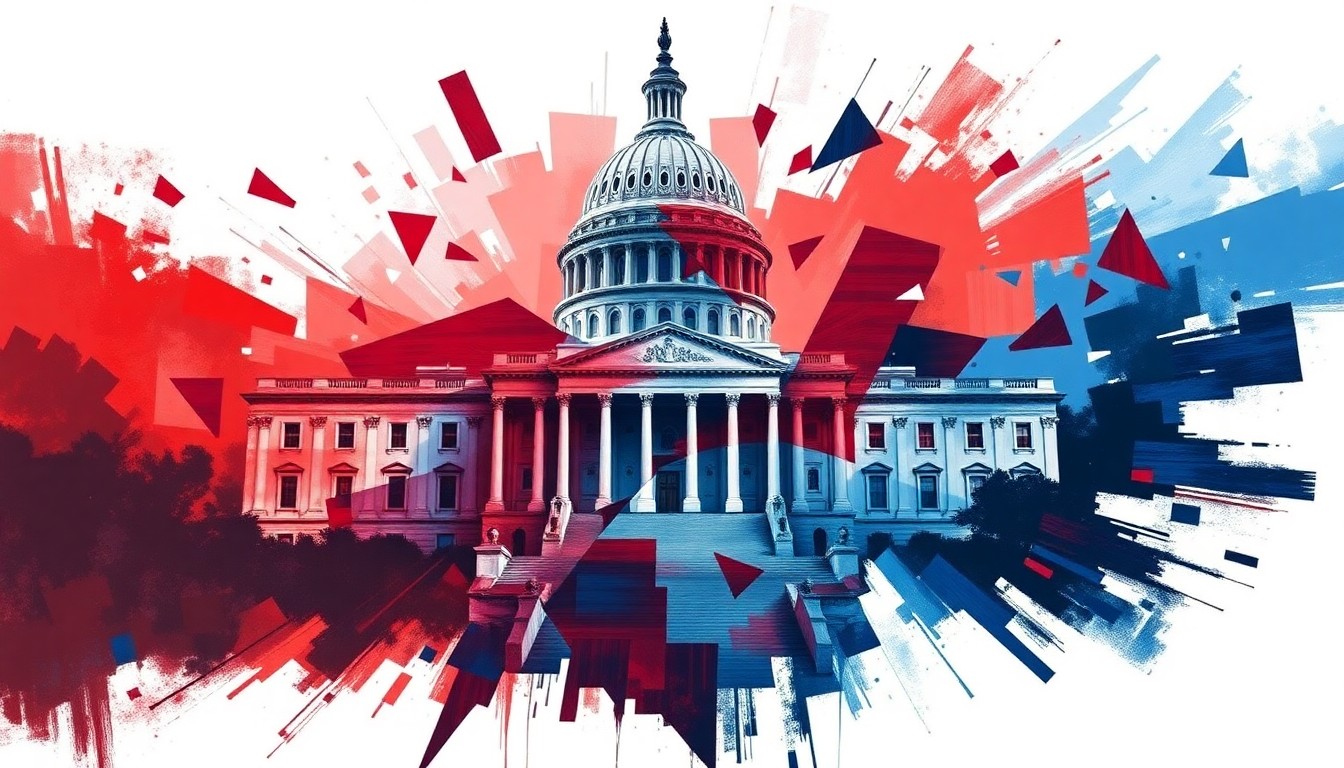A dynamic, abstract painting featuring the U.S. Capitol building breaking apart into overlapping geometric shapes in shades of red, white, and blue, conveying a sense of political instability and division.
