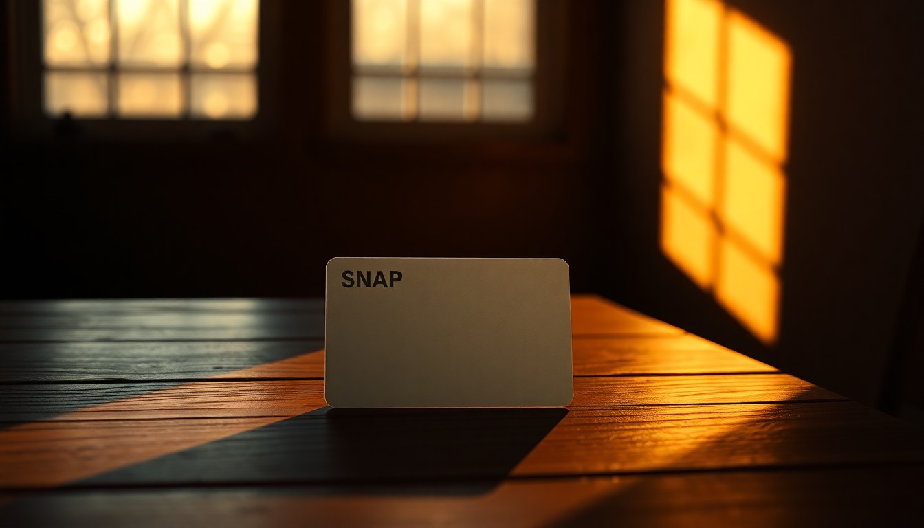 A close-up view of a SNAP electronic benefit transfer (EBT) card resting on a wooden table, the card's surface reflecting the warm, golden light and deep shadows characteristic of Edward Hopper's cinematic paintings, conveying a sense of solitude and the administrative challenges surrounding the distribution of government assistance.