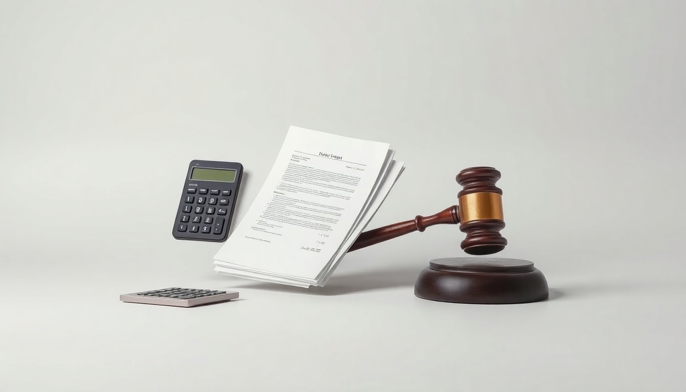 A high-end, photorealistic studio still-life photograph featuring a stack of financial documents, a calculator, and a gavel floating on a clean, monochromatic background, conceptually representing the abstract corporate strategy, finance, and legal proceedings at the heart of this story.