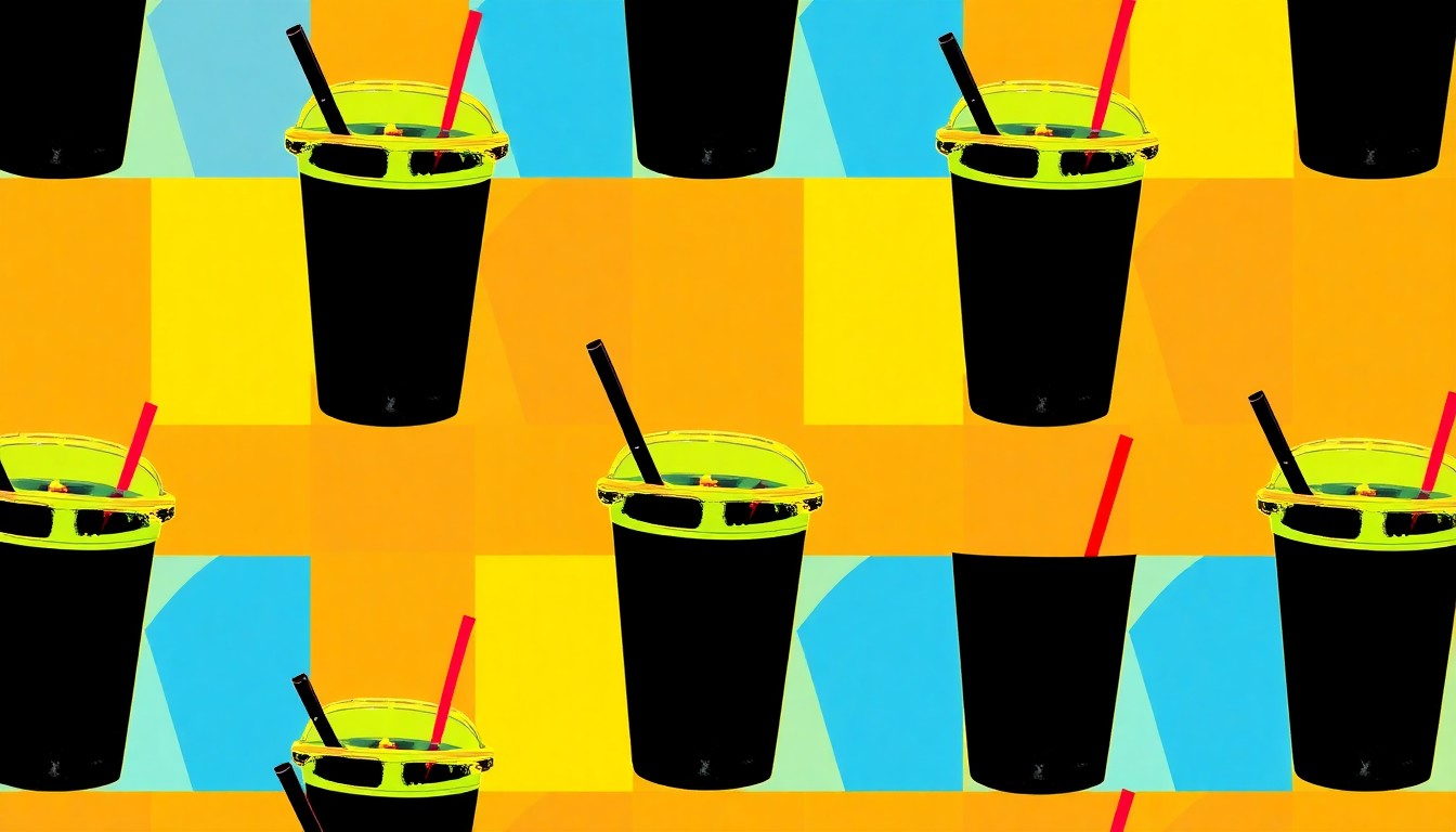 A brightly colored, high-contrast silkscreen print of a single, iconic smoothie cup repeated in a tight grid pattern, conceptually representing the Erewhon cafe's offerings at LACMA.