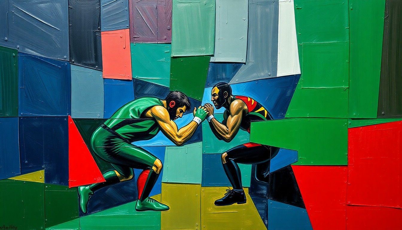 A cubist, geometric painting depicting the intense action and movement of a wrestling match, with sharp planes of color and overlapping perspectives conveying the raw athleticism of the sport.