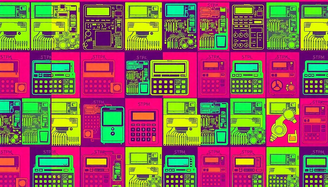 A vibrant, abstract grid of a single STEM-related object, such as a calculator or microscope, rendered in a bold, pop art style with overlapping neon colors and heavy black outlines, conceptually representing the energy and creativity of a high school STEM competition.