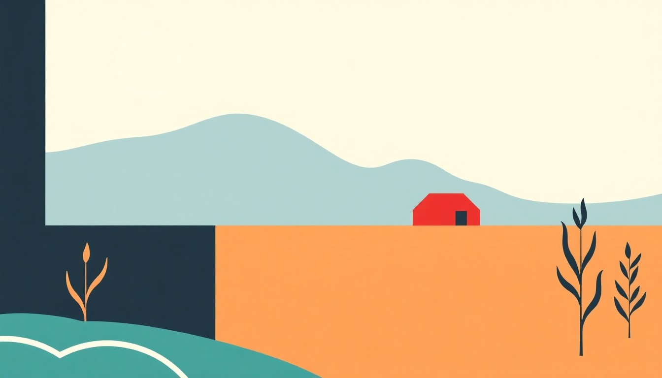 A vibrant abstract illustration composed of overlapping triangles and rectangles in shades of blue, green, and red, conceptually representing the complex web of federal assistance programs for farmers affected by natural disasters.