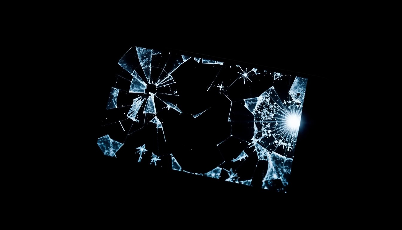 An extreme close-up photograph of a broken cell phone screen, its shattered glass reflecting a harsh, direct camera flash against a pitch-black background, conceptually representing the isolation and control tactics used in this domestic abuse case.