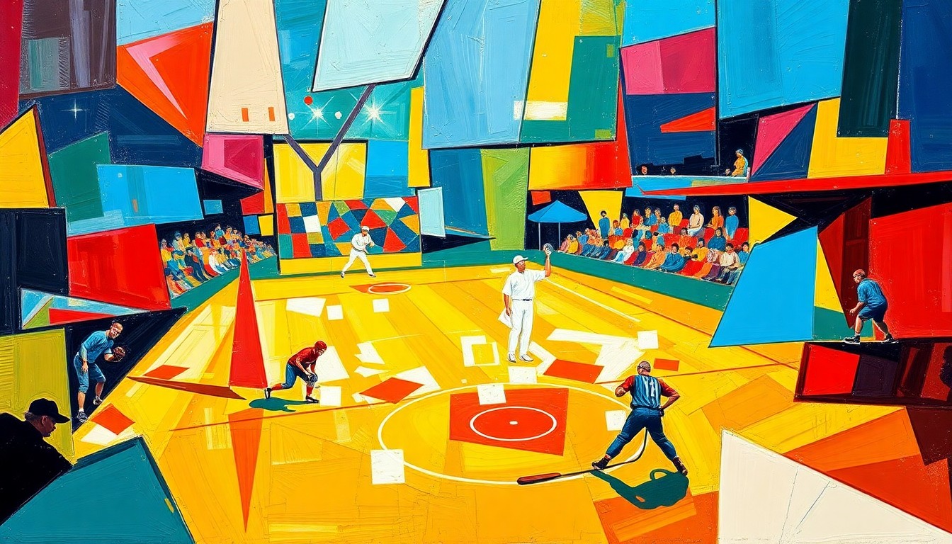 A fractured, geometric painting depicting the motion and intensity of a college sports competition, with sharp planes of color and form representing the players and action on the field or ice.