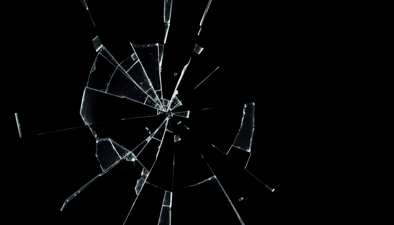 An extreme close-up photograph of a shattered glass object, such as a broken drinking glass or a cracked window, lit by a harsh, direct camera flash against a pitch-black background, conveying a sense of sudden disruption and an investigative, gritty aesthetic without depicting any blood, gore, weapons, or victims.