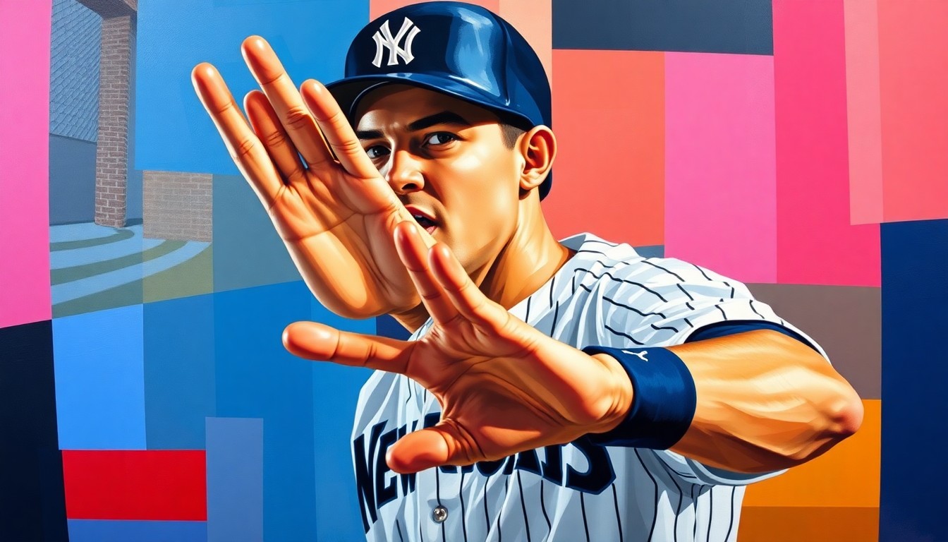 A fragmented, cubist-style painting depicting a baseball player in the act of signaling for an automated ball-strike review, the scene broken down into sharp, overlapping geometric shapes in the team colors of the New York Yankees and Seattle Mariners.